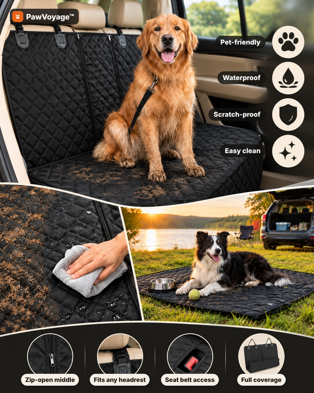 PawVoyage pet car seat cover features: waterproof, scratch-proof, zip-open middle, seat belt access, outdoor mat
